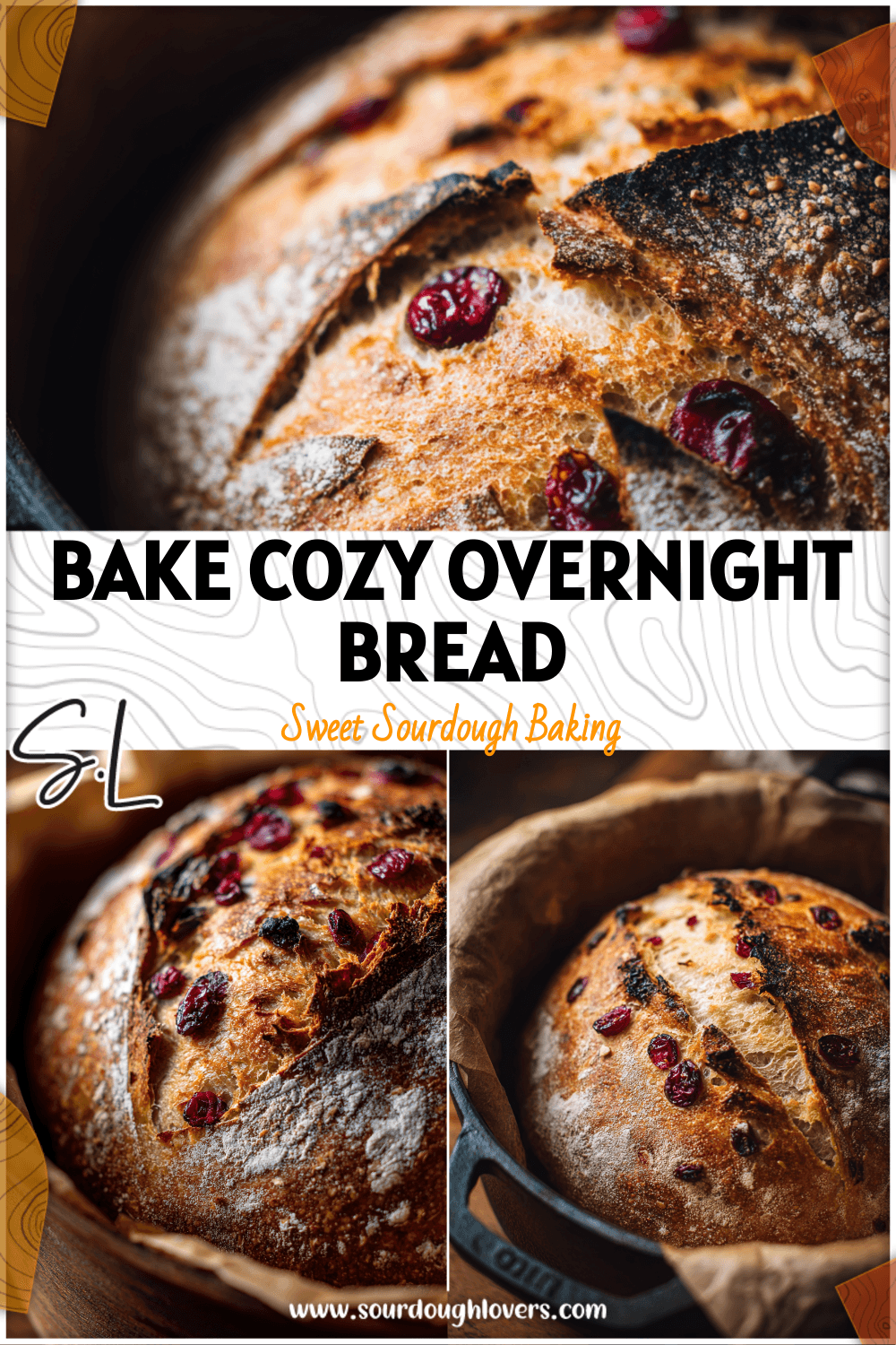 Freshly baked Cranberry Orange Sourdough Bread in a rustic Dutch oven showing golden crust and fruit bits.